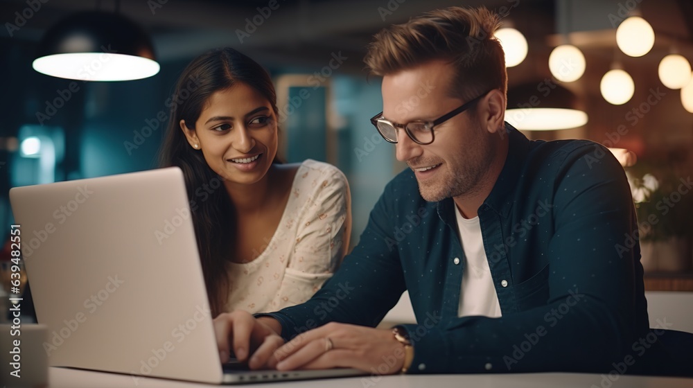 Smiling couple working on a laptop together at a cafe Smiling couple working on a laptop together at a cafe