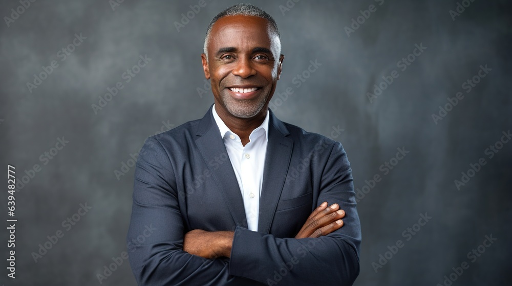 Mature businessman stands with his arms folded on grey wall background Mature businessman stands with his arms folded on grey wall background