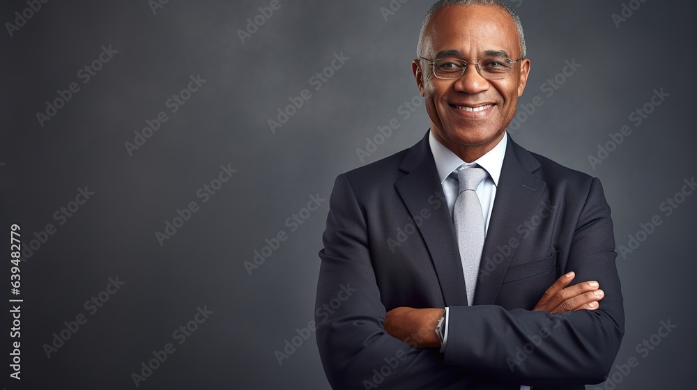 Mature businessman stands with his arms folded on grey wall background