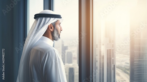 Arabic businessman looking out the window in his office photo