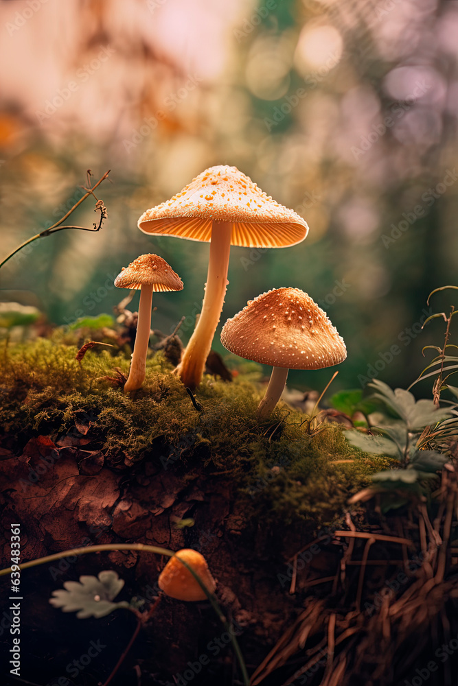 Fototapeta premium A couple of mushrooms sitting on top of a lush green grass. Generative AI
