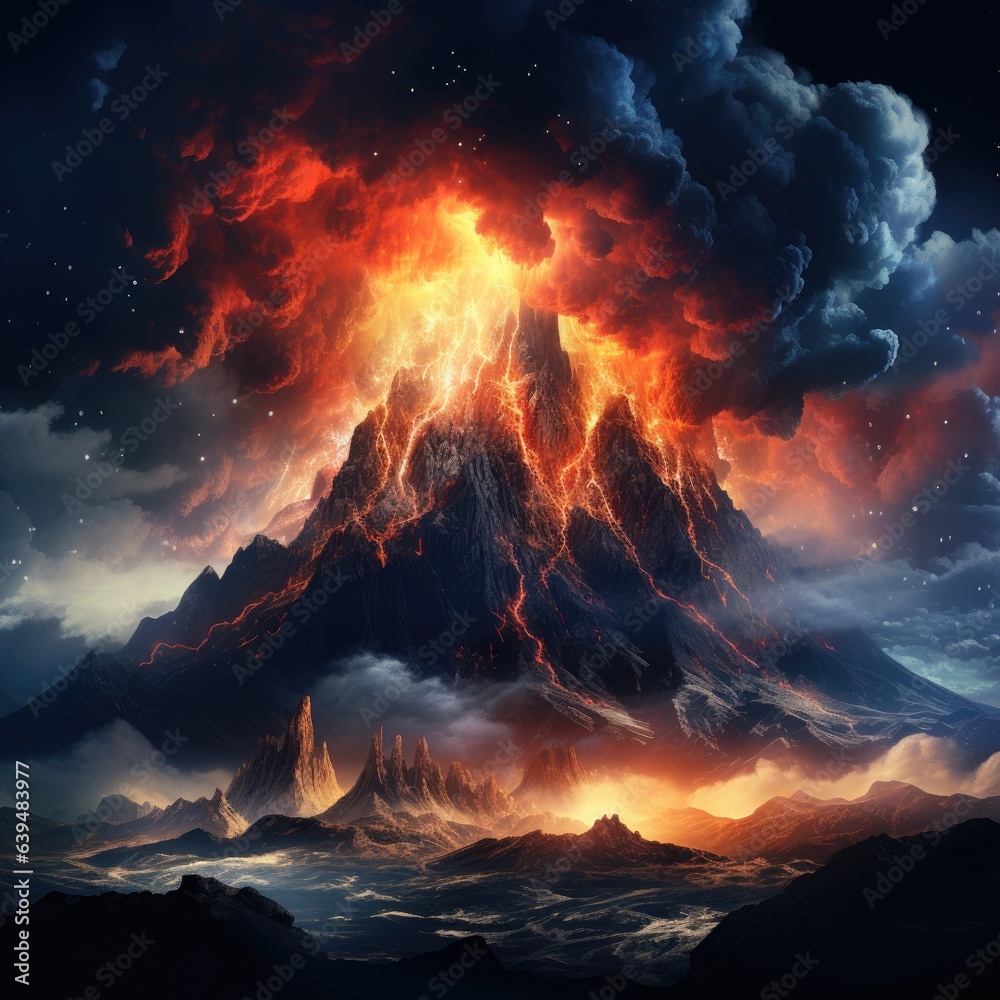 An erupting mountain at night, spewing lava and ash. The explosion lights the dark sky with fiery red, reflecting nature's extreme power. A dangerous yet captivating view of volcanic destruction.