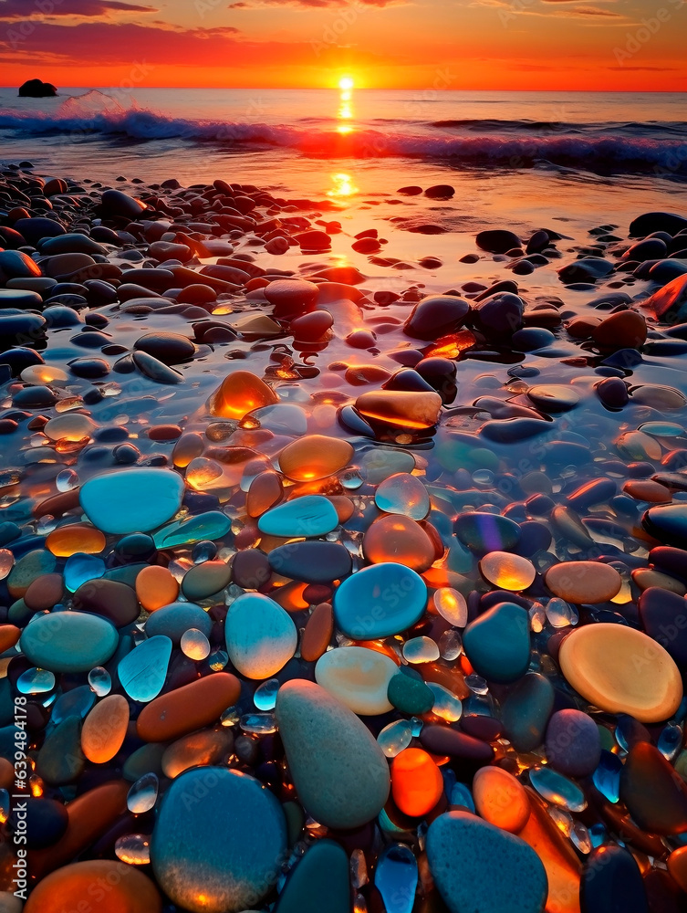 Fototapeta premium Colorful stones on the beach at sunset. beautiful natural background.