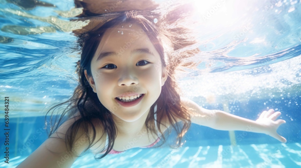 Asian girl diving underwater in a swimming pool. Generative AI. Stock ...
