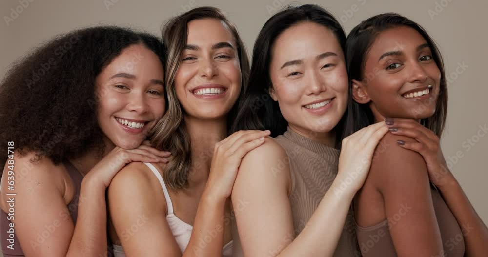 Diversity face, beauty group and happy women with natural cosmetics, facial skincare glow and studio self care. Woman empowerment, makeup and equality portrait of model friends on grey background