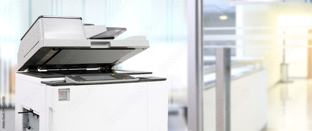 Copier or photocopier or photocopy machine office equipment workplace for scanner or scanning document or printer for printing paperwork hard copy paper duplicate Xerox or service maintenance repair. - obrazy, fototapety, plakaty 