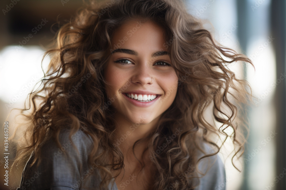 Beauty, make-up, lifestyles concept. Beautiful and happy young woman close-up outdoor portrait. Long hair brunette model smiling and looking at camera. Generative AI Beauty, make-up, lifestyles concept. Beautiful and happy young woman close-up outdoor portrait. Long hair brunette model smiling and looking at camera. Generative AI