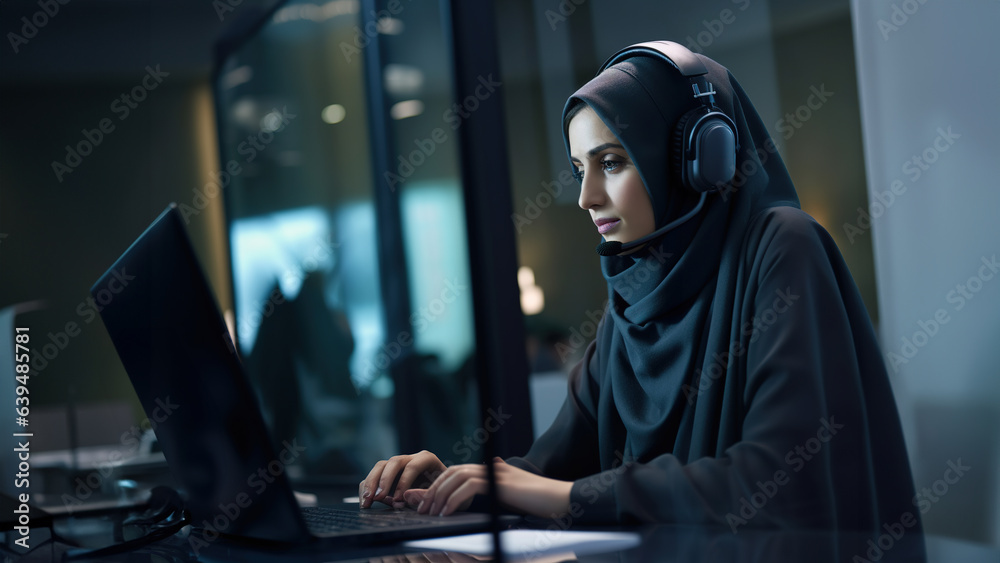 Arabian customer representative with headset working on laptop in the office. Arabian customer representative with headset working on laptop in the office.
