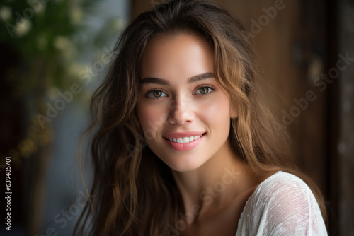 Beauty, make-up, lifestyles concept. Beautiful and happy young woman close-up outdoor portrait. Long hair brunette model smiling and looking at camera. Generative AI