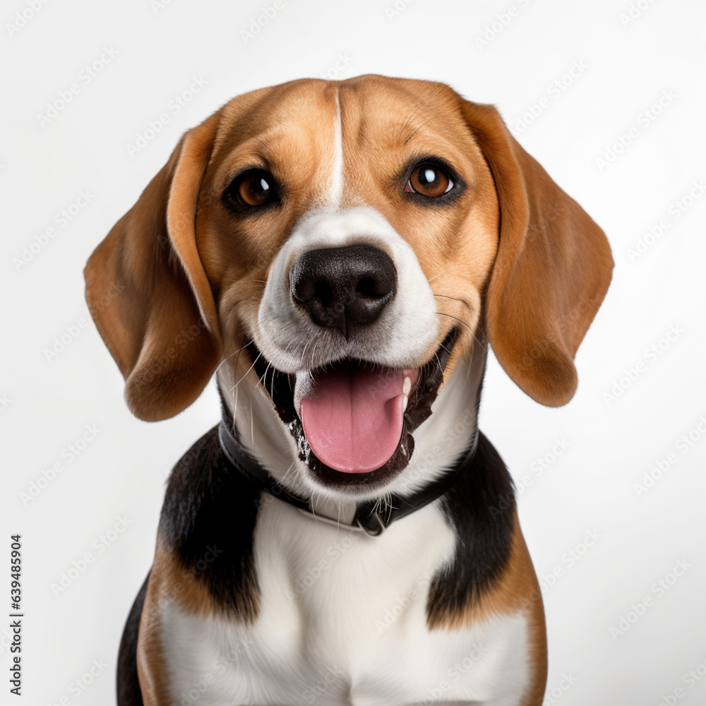 An amusing and lively domestic companion, an adorable Beagle dog, is striking a pose against a white background