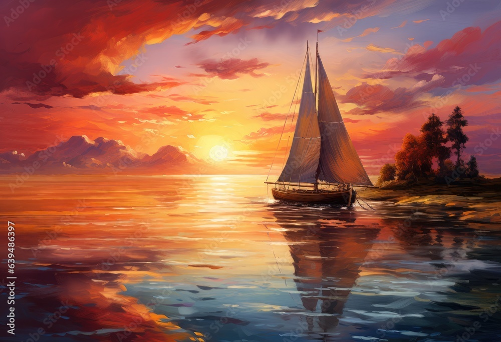 A painting of a sailboat floating with a sunset, silhouetting a yacht on the red horizon. The sky and sea merge in a summer landscape, capturing the essence of travel, vacation, and nature.