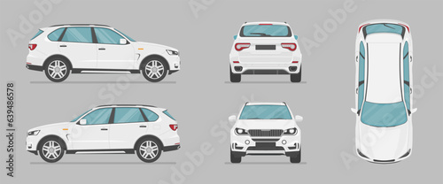 White car in different view. Front, back, top and side car projection. Flat illustration for designing. Vector Suv auto