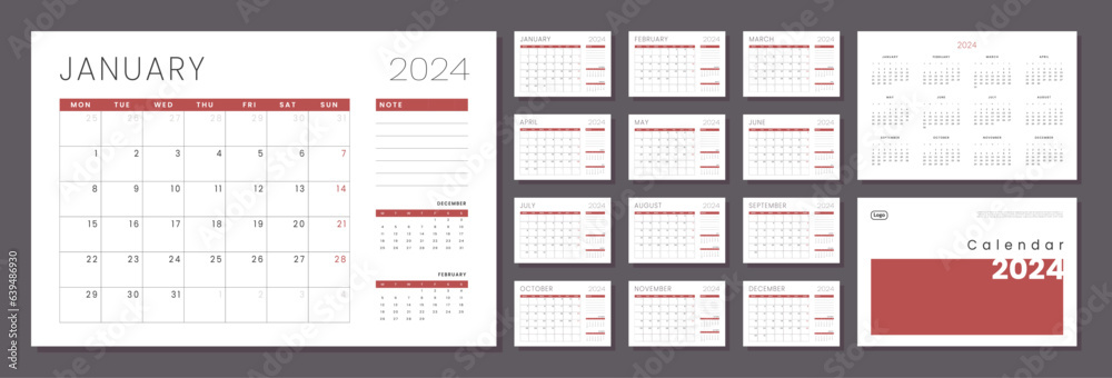 Set of Monthly pages Calendar Planner Templates 2024 with Cover and place for Photo, Logo in grey and red color for print. Vector layout of a wall or desk simple calendar with week start Monday. Set of Monthly pages Calendar Planner Templates 2024 with Cover and place for Photo, Logo in grey and red color for print. Vector layout of a wall or desk simple calendar with week start Monday.