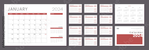 Set of Monthly pages Calendar Planner Templates 2024 with Cover and place for Photo, Logo in grey and red color for print. Vector layout of a wall or desk simple calendar with week start Monday.