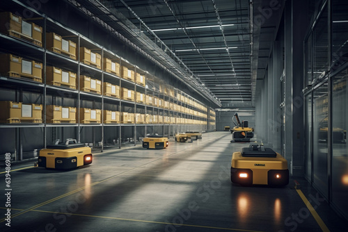 High tech innovative modern warehouse logistics displayed through automation, robotics and artificial intelligence, defining the future of industry. Futuristic Technology concept