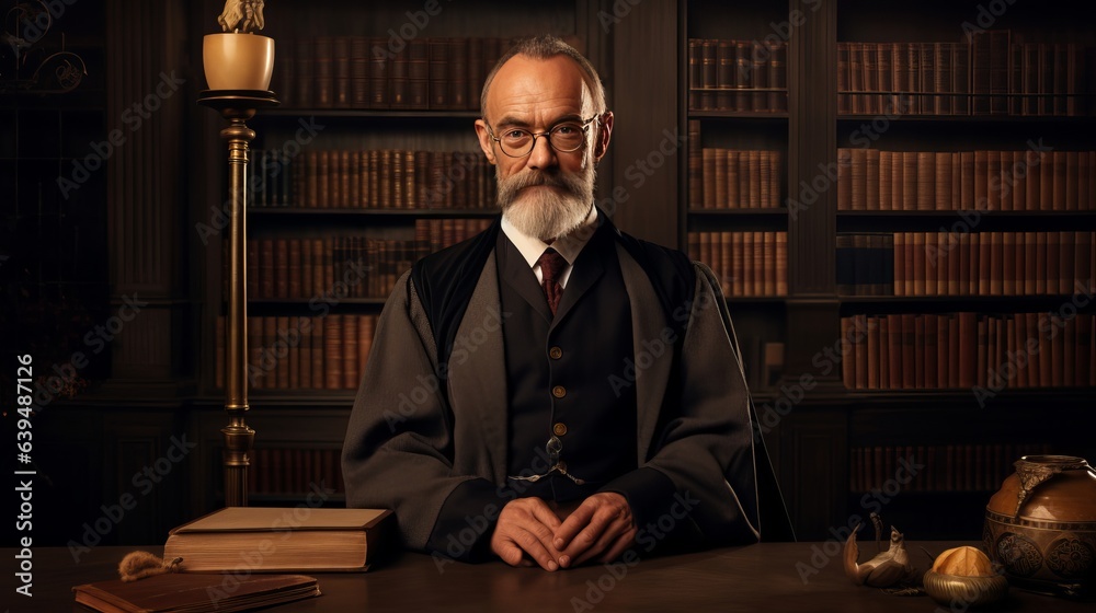 Old professor with beard in the library with wood furniture and table lamp Old professor with beard in the library with wood furniture and table lamp