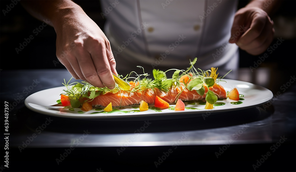 A closeup of a gourmet dish in the final stages of preparation