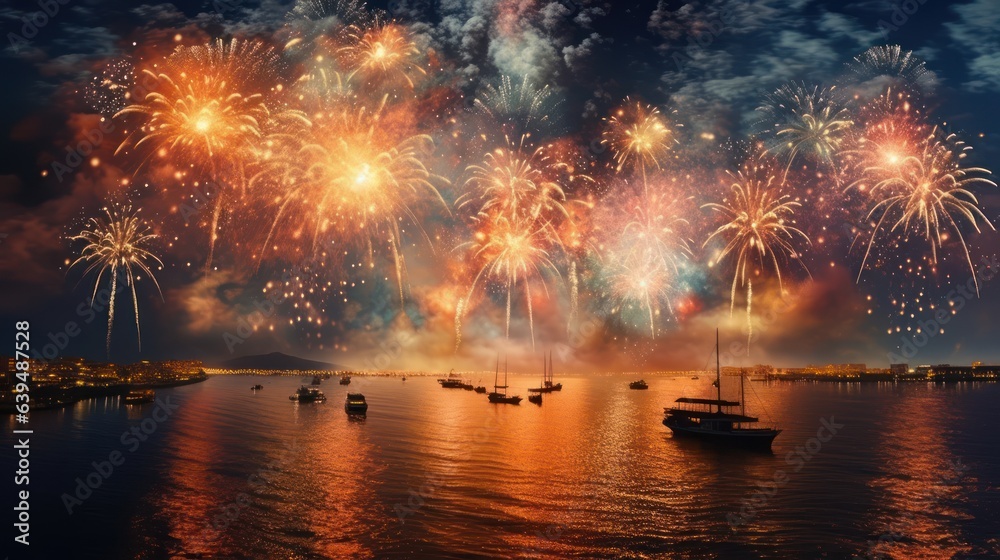 fireworks over water - obrazy, fototapety, plakaty 