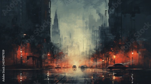 A painting illustrates a grunge urban street at night  filled with the red and orange glow of lights. Cars  taxis  and buses line the road  with towering buildings and industrial scenery.