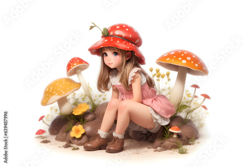 little girl sit with beautiful mushroom in simple white background ai generated