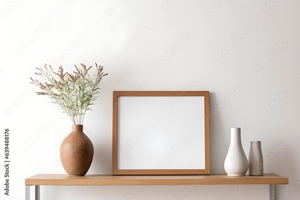 Blank picture frame mockup on vintage minimal interior room with white wall background Minimalist home.