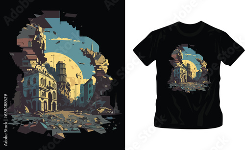 destroyed city landscapes retro vintage t-shirt design editable template