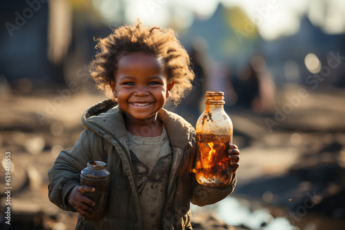 Happy little thirsty child with bottle of dirty unclean drinking water in his hand. Draught in Africa, lack of clean water, world's global warming environmental problem concept. Generative AI © Valeriia