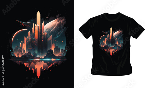 Destroyed city landscapes buildings t-shirt design editable template