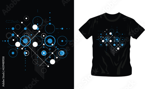 Vector bauhaus abstract background made with grid and overlapping simple geometric elements, circles and lines, retro t-shirt design editable template