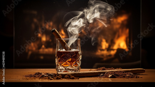 a glass with some whisky and a cigar next to it, in the style of poster, luminous sfumato, lightbox