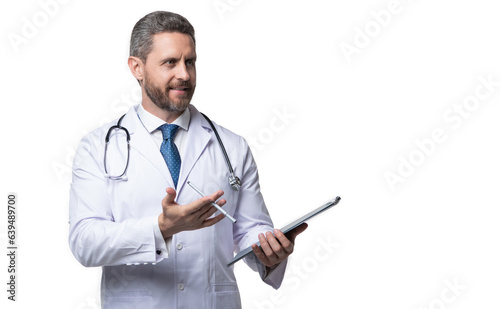 happy internist with anamnesis isolated on white. internist with anamnesis in studio
