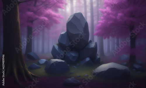 big stone in the middle of mystical autumn forest ai generated photo