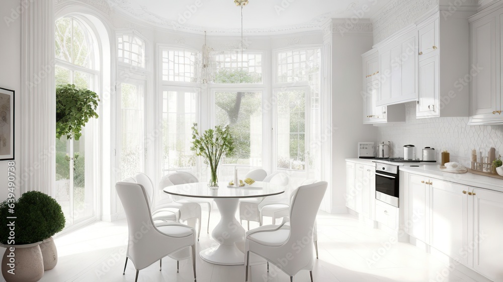 Luxurious interior design of white kitchen, dining room with windows and living room in one space