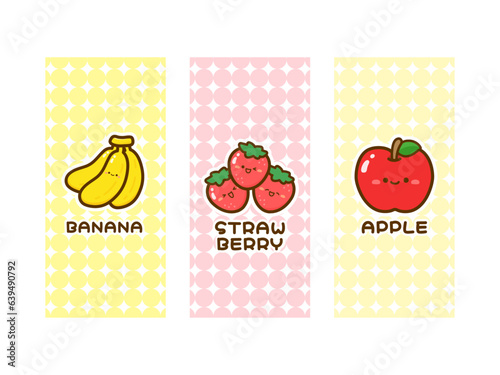 かわいいフルーツのイラストセット、バナナとイチゴとリンゴ