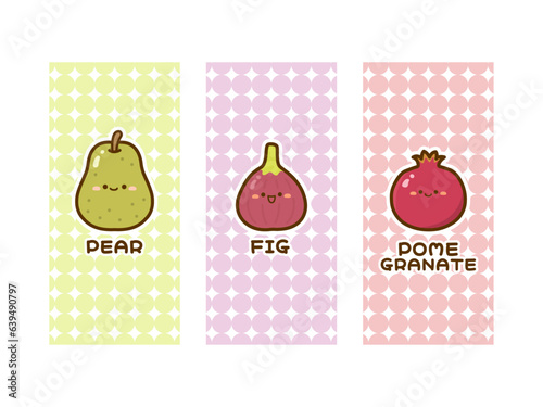 かわいいフルーツのイラストセット、洋梨とイチジクとザクロ