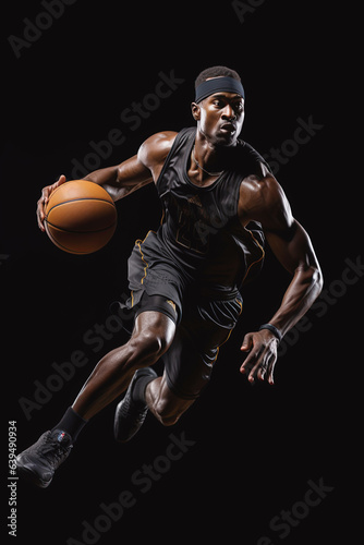 running black man professional basketball player with ball in his hands on isolated background