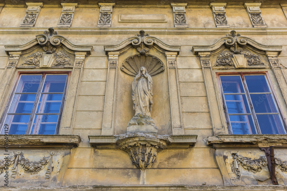 Maria statue on the facade of the Stepana monastery in Litomerice, Czech Republic