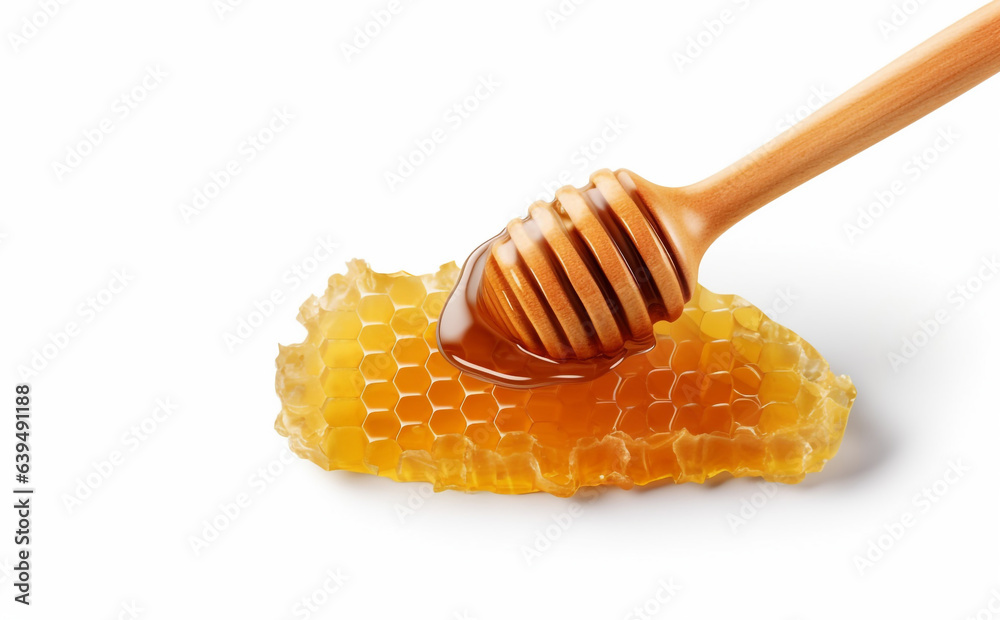 Honey flowing from dipper on honeycomb isolated on a transparent background generative Ai Honey flowing from dipper on honeycomb isolated on a transparent background generative Ai