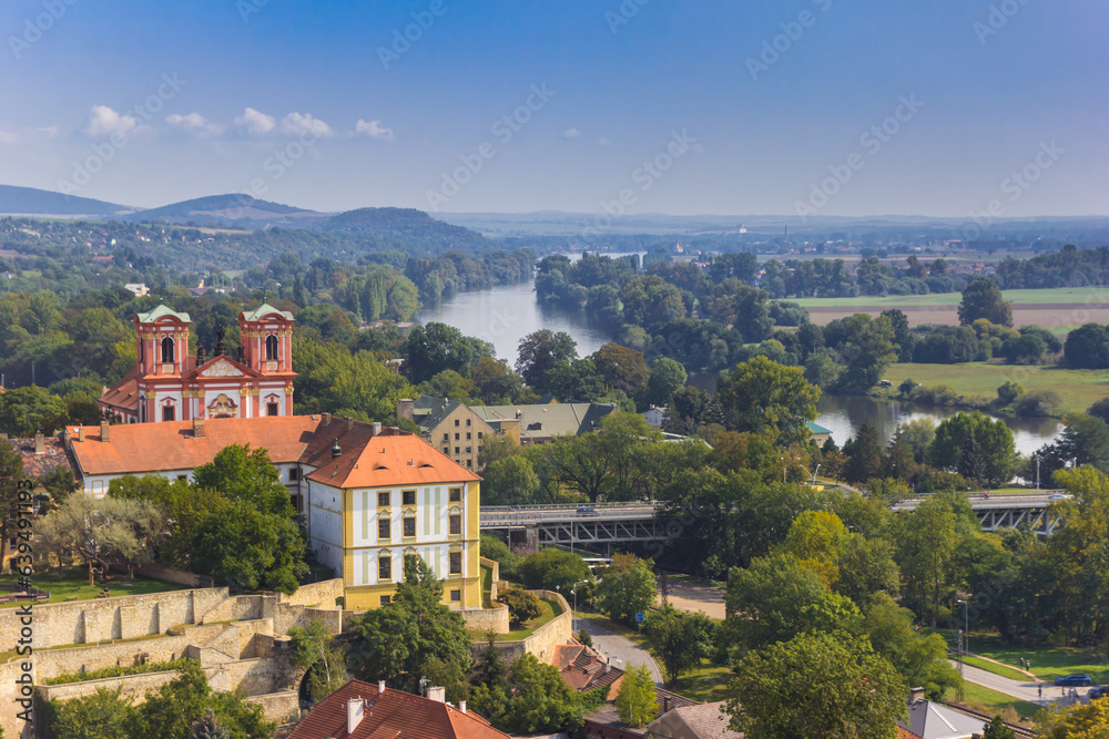 Aerial view of the river Elbe and historic city Litomerice, Czech Republic