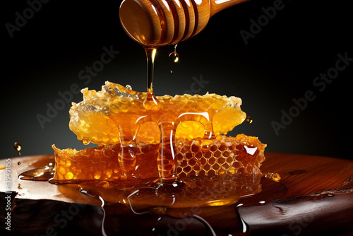 Honey flowing from dipper on honeycomb generative Ai