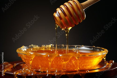 Honey flowing from dipper on honeycomb generative Ai
