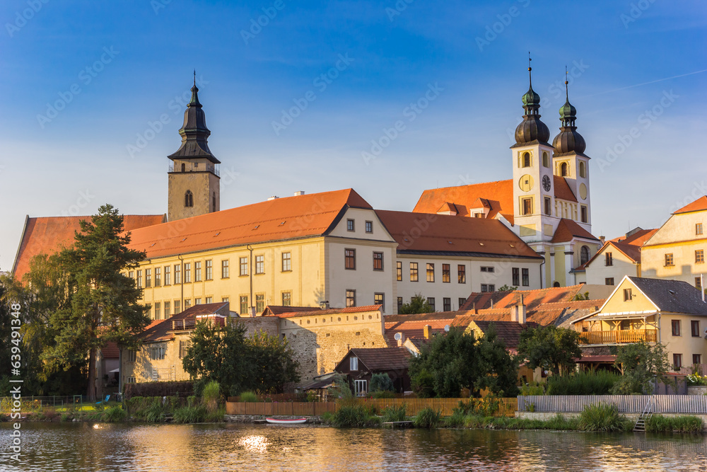 Castle and houses at the lake in Telc, Czech Republic