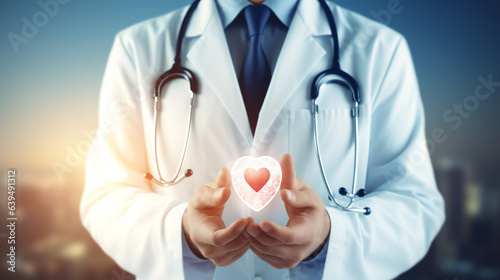 Male medicine doctor hold healthcare medical icons for the Health insurance concept in hospital background generative Ai
