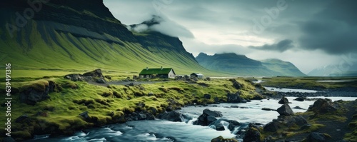Traditional iceland landscape with house, black sand green  lava landscape. Generative ai © alexanderuhrin
