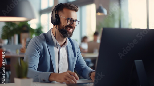 Man, call center and working in team office with headset, computer for online customer support, service or help generative Ai