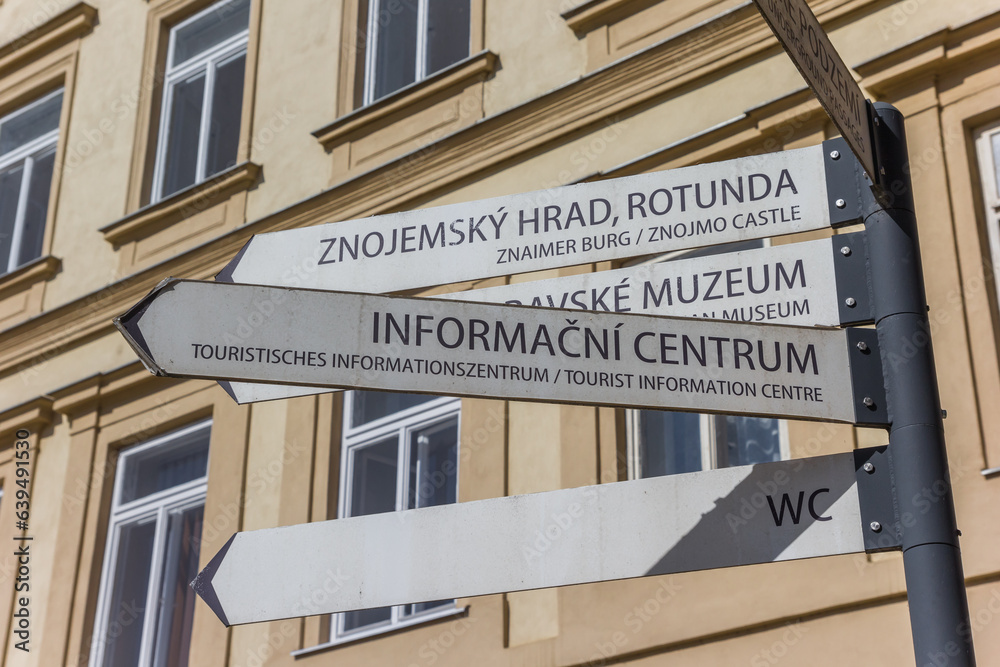 Tourist sign on the market square in historic city Znojmo, Czech Republic Tourist sign on the market square in historic city Znojmo, Czech Republic