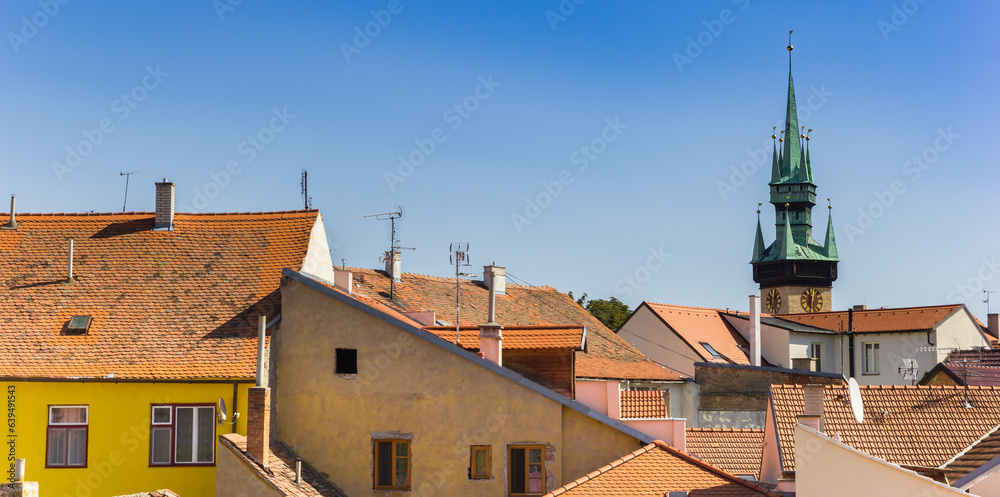 Obraz premium Town hall tower above rooftops in Znojmo, Czech Republic