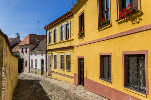 Colorful houses at a cobblestoned street in Znojmo  Czech Republic