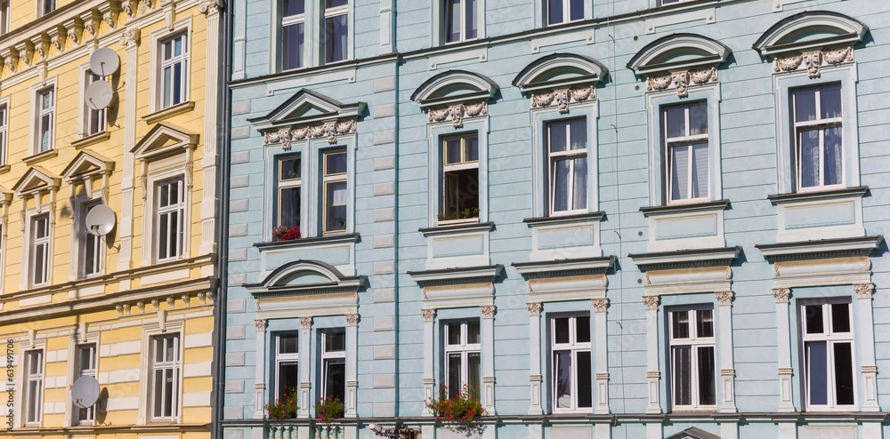 Panorama of colorful facades of apartment buildings in Karlovy Vary, Czech Republic