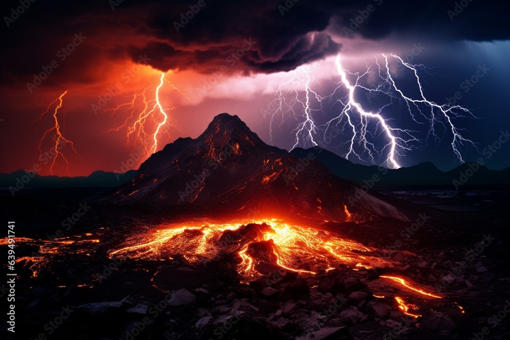 A lightning bolt hits the rugged peaks while molten lava flows below. Generative AI